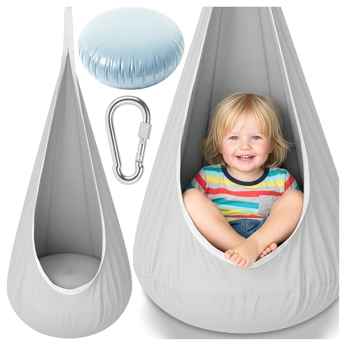 MalPlay Hängesessel für Kinder ab 3 Jahren Hängekokon mit Kissen - Hängestuhl Indoor & Outdoor Schaukel Kokon Sitzhängematte Baumwollmischung Karabiner komfortabler Rückzugsort Grau