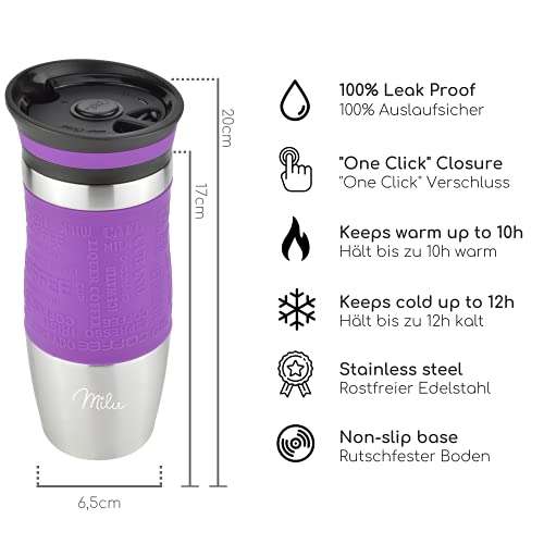 Milu Taza aislante de café y té para llevar 370ml 450ml - 100% a prueba de fugas - Taza de acero inoxidable para beber… - Imagen 5