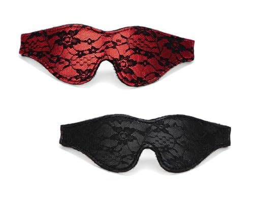 KUAIQI BDSM Kopfmaske Fetisch Gesichtsmaske，2 Stück Sexy Lace Augenmaske，Schlafmaske aus Satin，Sex Augenklappe,SM Elastikmasken,Augenbinde Fetisch Bondage Sex Spielzeug für Paare（Schwarz+Rot）