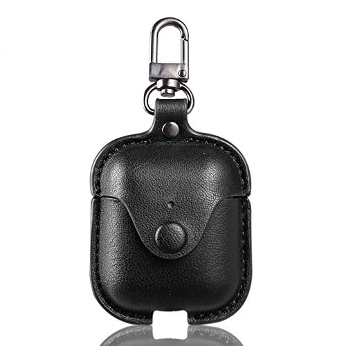 T Teclusive Ultra Luxury Protective Leather Case Cover Compatible for Airpods 1/2 with Metal Hook (Black)