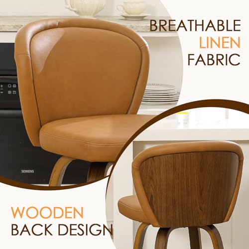 Image of HNY Swivel Counter Height Bar Stools Set of 6, 26 Inch Barstools with Wanlut Wooden Leg and Back, Faux Leather Upholstered Counter Stools for Kitchen Island, Brown