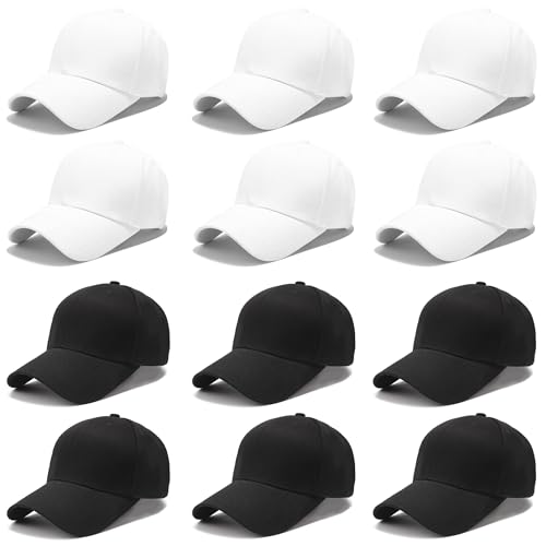 Wheebo 12 Pieces Solid Color Baseball Cap for Women Men Unisex Cotton Adjustable Dads Hat (White Black)