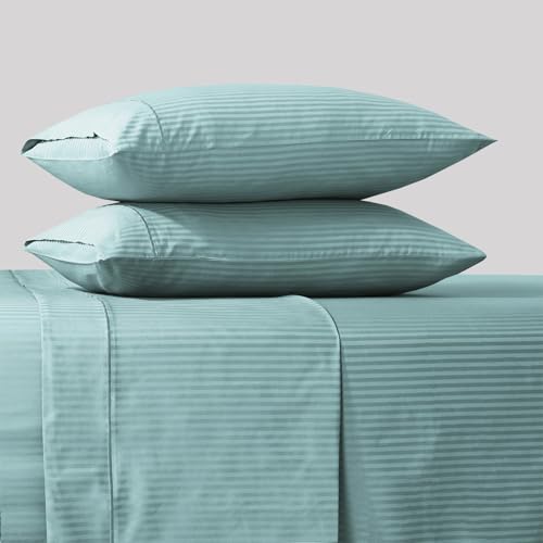Image of Feather & Stitch 500 TC Split King Size Damask Bed Sheet Set, 100% Cotton Soft Breathable Bedsheets, 5 Piece 18 inch Deep Pockets Sateen Weave Striped Bedding - (Granite Green Stripe)