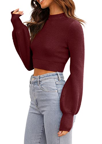 Image of Womens Sexy Crew Neck Cropped Sweaters Knit Long Sleeve Crop Tops Pullover | Ribbed Knit, Long Sleeve, Crop Tops, Pullover,Crew Neck