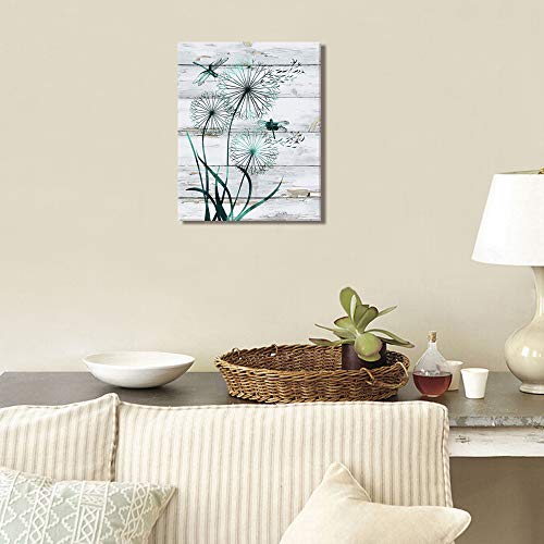 Visual Art Decor Teal Dragonfly With Dandelions Rustic Canvas Wall Art Farmhouse Living Room Bedroom Kitchen Wall Decor, Framed Ready To Hang, 16Inx20In #TOP1