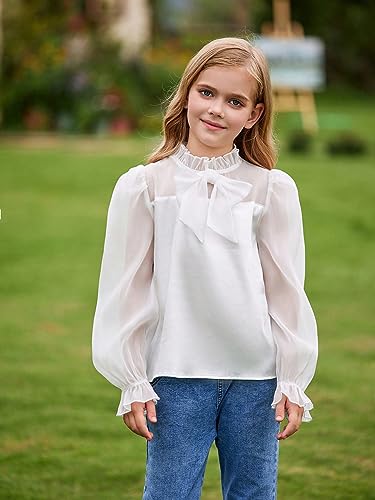WDIRARA Girl's Contrast Mesh Bow Front Shirt Cute Mock Neck Long Flounce Sleeve Blouse Top4