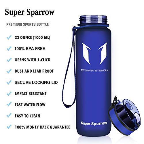 Super Sparrow Sports Water Bottle - Eco Friendly & BPA-Free Plastic - Fast Water Flow, Flip Top, Opens with 1-Click - Reusable with Leak-Proof Lid (Methyl Blue, 350ml-12oz)