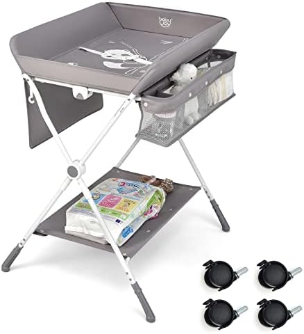 BABY JOY Baby Changing Table, Height Adjustable 4 in 1 Folding Diaper Station w/Detachable Wheels, Safety Belt, Storage Rack & Bag, Waterproof Pad, Portable Nursery Organizer for Infant Newborn, Gray