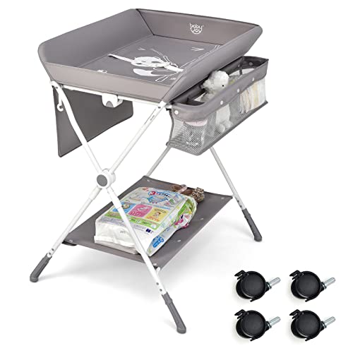 Baby Joy Baby Changing Table, Height Adjustable 4 In 1 Folding Diaper Station W/Detachable Wheels, Safety Belt, Storage Rack & Bag, Waterproof Pad, Portable Nursery Organizer For Infant Newborn, Gray #TOP9
