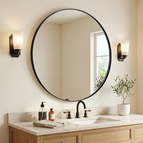 Image of ANDY STAR Round Black Mirror for Bathroom, 40 inch Large Bathroom Mirrors for Over Sink, Anti-Rust Modern Wall Mirror,1 Inch Deep Set Design, Heavy Duty, 4MM HD Glass, 9MM Thicker Backboard