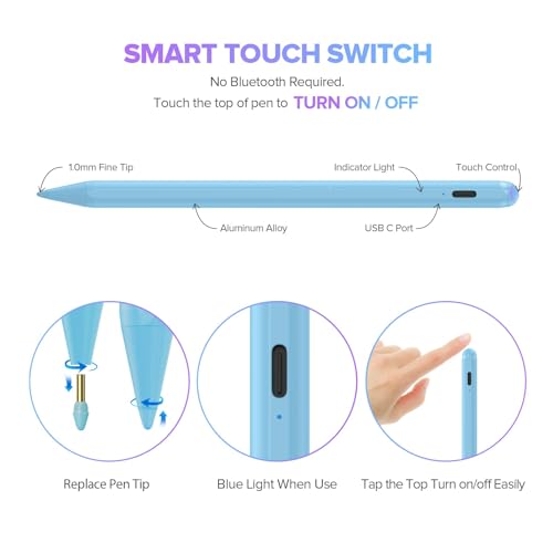 Image of JAMJAKE Stylus Pen for iPad 11th&10th Generation - 2X Fast Charge Active Pencil Compatible with 2018-2025 Apple iPad Pro 11 inch /12.9 inch /M4, iPad Air 3 /4 /5 /M2 /M3, iPad 6-11, iPad mini 5 /6 Gen - Blue