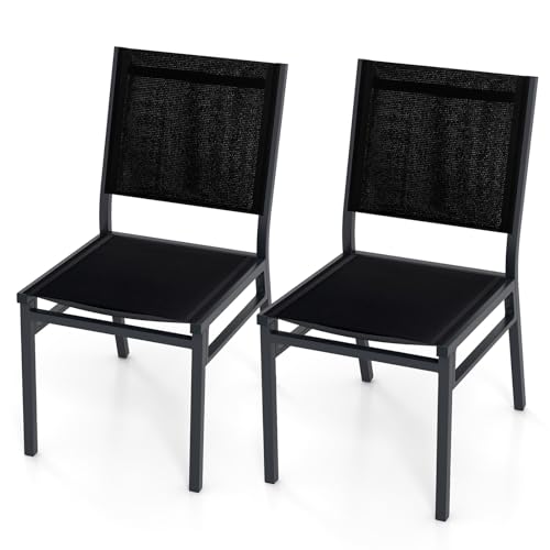 COSTWAY 2er Set Gartenstühle Alu, wetterfeste Terrassenstühle mit atmungsaktivem Sitz und Rückenlehne, leichte Balkonstühle ohne Armlehnen, bis 150 kg belastbar, für Garten, Balkon, Terrasse
