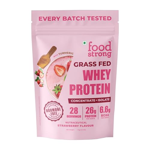 Image of Foodstrong Whey Protein Powder (Concentrate + Isolate), 100% Hormone Free Grass-Fed Whey, 26G Protein & 6.6G BCAA, Strawberry, With Turmeric & Digestive Enzymes, 1KG