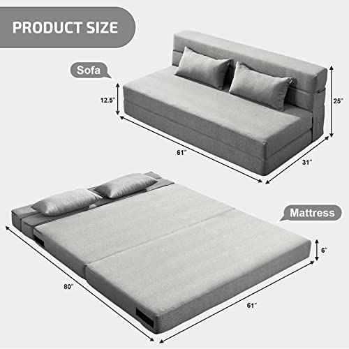 Folding Sofa Bed with Pillows- Convertible Chair Floor Couch & Sleeping Mattress, Foldable Memory Foam Sleeper for Living Room/Dorm/Guest Room/Home Office/Apartment/Loft, Queen, Light Gray - Image 4