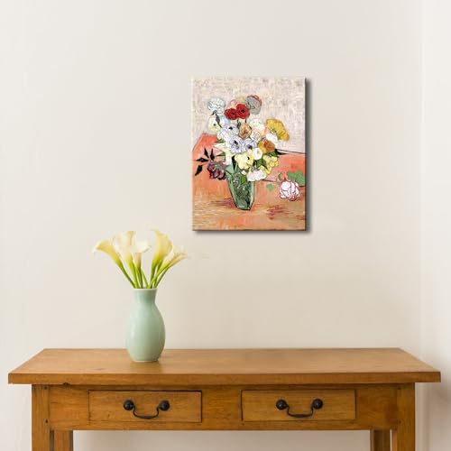 Image of Pyradecor Abstract Flowers Canvas Prints Japanese Vase with Roses and Anemones by Vincent Van Gogh Oil Paintings Reproduction Artwork for Home Office Bedroom Decorations