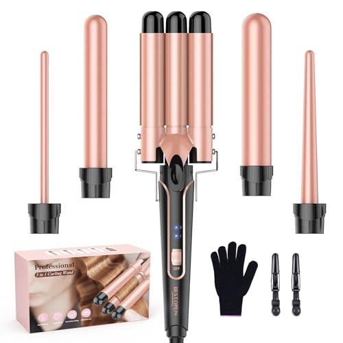 BESTOPE PRO 5 in 1 Beach Waver Hair Curler, Curling Iron (9-32mm) with 2 Temperature Control, Mermaid Hair Waver with Heat-Resistant Glove and 2 Clips for Long Medium Short Hair