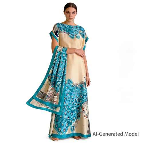 Women Kaftan & Scarf, Plus Size Caftan Moo Moo Dress with Scarf (Blue 1) | Moo Moo with Scarf, Silky Fabric, Boat Neck, Ethnic Maxi Dress, Boho Peacock Leopard Print, Swimsuit Cover Up, Beach Vacation - image 7