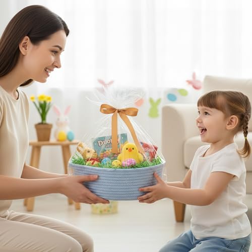 Image of 2-Pack Small Woven Gift Baskets Empty with Bags & Ribbons, Storage Basket for Father's Day for Dad, Baby Shower, Raffle, Birthday, Cute Organizer with Handles, 12 inchx8 inchx5 inch, Blue