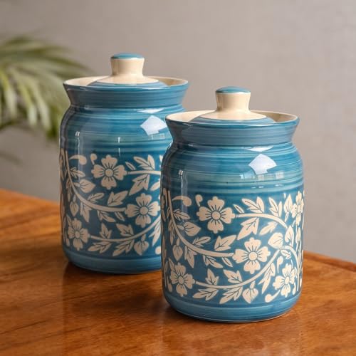 Image of Sky Blue Floral Ceramic Handglazed Pickle Jars Set of 2-1000 ML Each | 1 kg Achaar Martban Barni Jar with Lid | Ceramic Storage Jar Container Pickle, Chatney