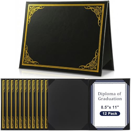 Tenare 12 porta-certificados de couro 21 x 28 cm capa de diploma PU preto azul com borda dourada para carta doutorado pasta de prêmio de diploma de mestrado para concurso de graduação (preto)