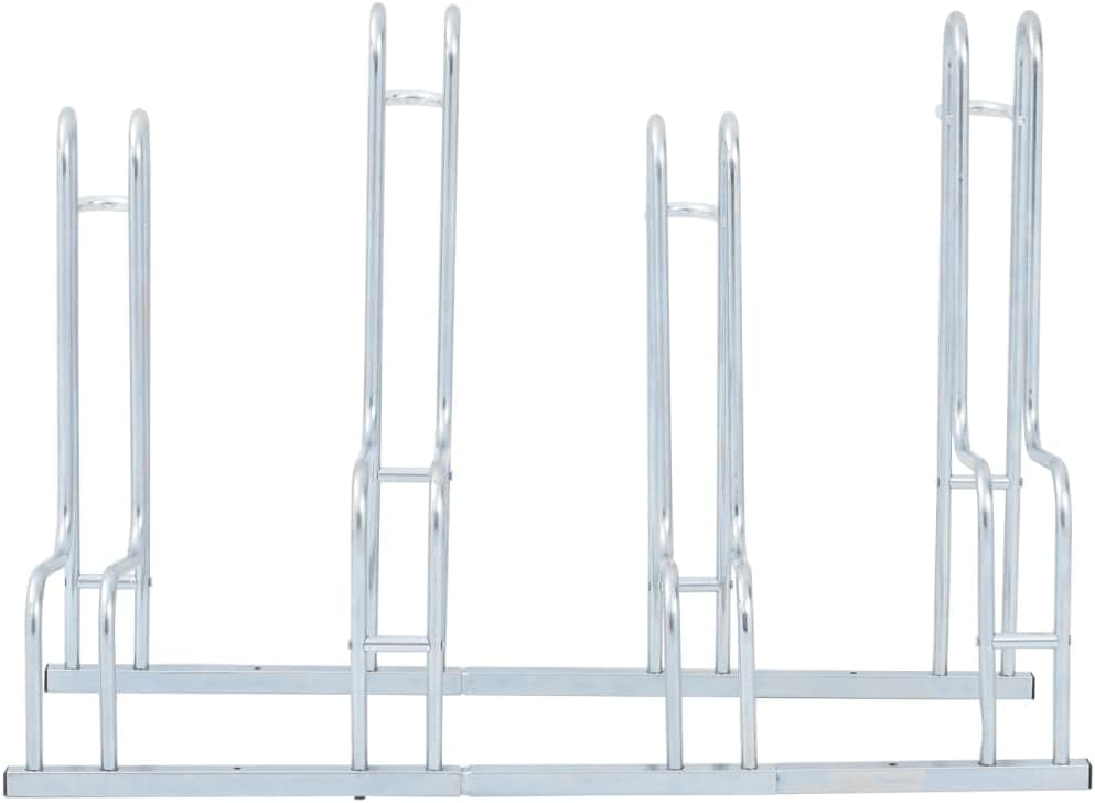 vidaXL Silver Freestanding Bicycle Stand for 4 Bikes - Galvanized Steel Bike Rack for Indoor/Outdoor Use, Space-Saving Design with Secure Mounting