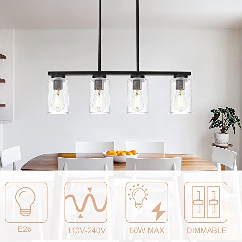 Winshen Black 4-Light Kitchen Island Lighting, 27.5-Inch Farmhouse Hanging Light Fixture With Seeded Glass Shade For Dining Room Over Table Living Room #TOP2