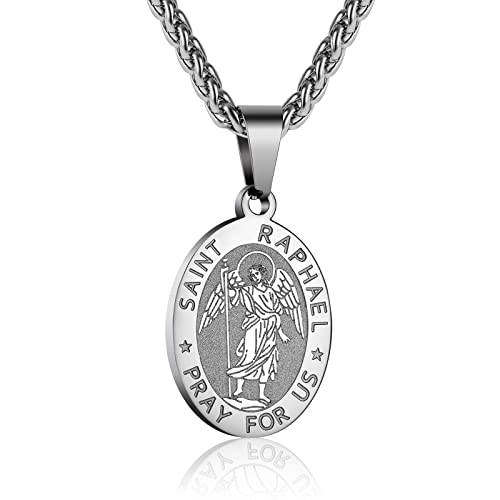 P. BLAKE Oval Saint Christopher/Michael/Joseph/Jude/Virgin Mary/Joseph/Francis/Patrick/Anthony/Benedict/Thomas Necklace for Men Women, Stainless Steel Catholic Patron Pendant with Chain 24 Inches