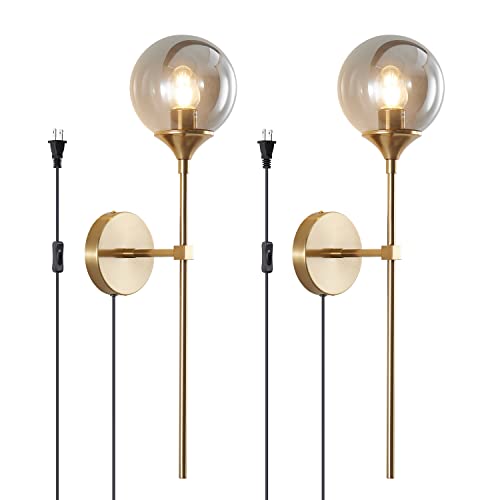 Image of BOKT Mid Century Smoke Glass Bathroom Wall Light Plug in Set of 2 Brushed Brass Gold Long Globe Wall Sconce Lighting Plug in Cord Set of Two Industrial Wall Lamp (Smoke Gray-Plug in)