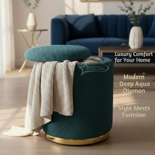 Image of Premium Round Storage Ottoman Stool 16 X 16X 19 inch, with Gold Metal Base | Luxury Pouffe with Hidden Storage | Cushioned Footrest for Living Room, Bedroom & Lounge Aqua