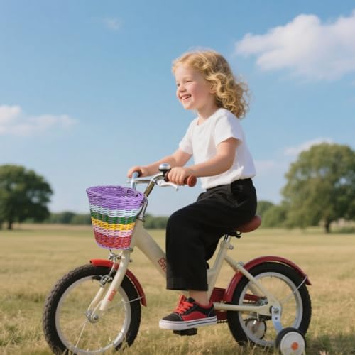 BUYGOO Laufrad Korb mit 2 Lederriemen, Abnehmbar, Fahrradkorb Geflochten Kunststoff, Fahrrad Korb Weidenkorb Vorne, Bike Basket Front, Bunt Fahrradkorb Vorne, für Meisten Fahrräder