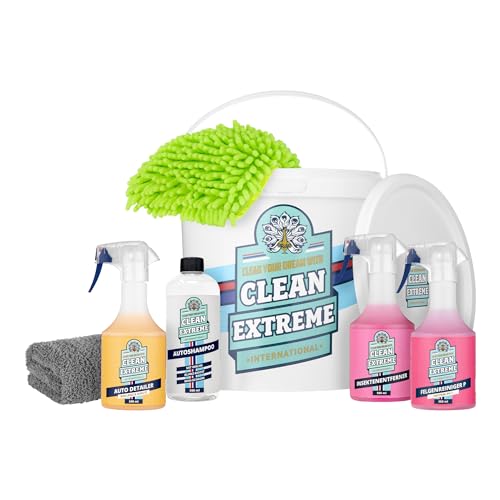 CLEANEXTREME Autowäsche Set Base für Glanz-Lack & Glanz-Folie | Autoshampoo Felgenreiniger Insektenentferner Auto-Detailer & Wascheimer mit Deckel