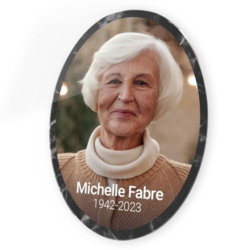 Médaillon funéraire commémoratif Ovale Personnalisable avec Photo, Plaque funéraire avec ou sans Bordure, en plexiglass, Fixation adhésive, Format 10,5x14 cm