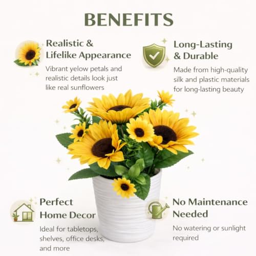 Image of CURATED CART Artificial Sunflowers, Yellow Silk Flowers for Home, Wedding, Party Decoration, Indoor Outdoor Floral Arrangement (Sunflower with Pot)