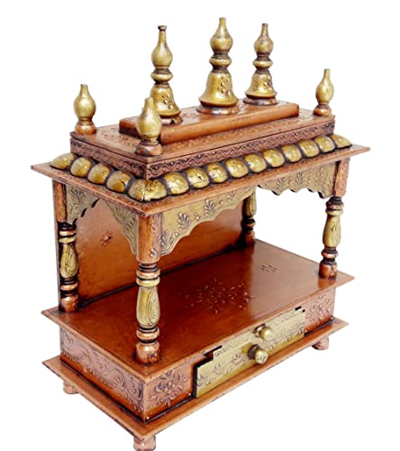 Image of Wood Pooja Mandir Temple for Home Handicraft Hindu Pooja Ghar Mandap for Worship Copper Gold Painted Home Wall Decor Shrine
