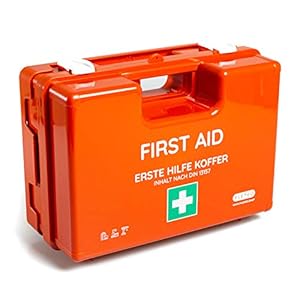 Eerstehulpkoffer voor bedrijven met inhoud volgens DIN 13157 in oranje, eerstehulpkoffer gevuld en met wandhouder…