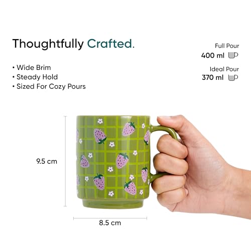 Image of Shay Ceramic Mug, 2 Pc, Strawberry & Cherry, 300ml | Glossy Finish | Ceramic Coffee Cup | Porcelain | Microwave Safe (Rise Mug - 2Pc - Strawberry & Cherry)