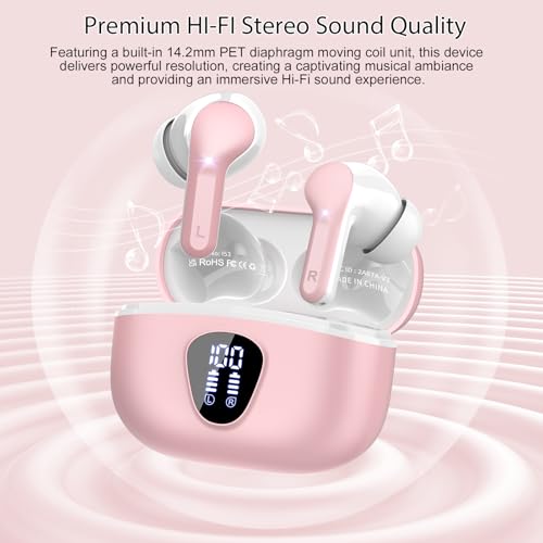 Image of Wireless Earbuds, Bluetooth 5.4 Headphones HiFi Stereo, Bluetooth Earbuds with ENC Noise Cancelling Mic, IP7 Waterproof in Ear Earphones, 48H, LED Display Ear Buds for Pad Phones Workout Sports, Pink