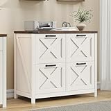 Halitaa Lateral File Cabinet with 4 Drawers, Farmhouse File Cabinet for Letter/A4 Size Hanging Files, Large Wood File Storage Cabinets Printer Stand for Home Office Cabinets, Rustic White and Brown