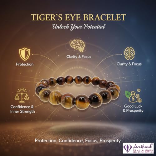 Image of Arihant Gems & Jewels Tiger Eye Bracelet for Men & Women | Natural Tiger Eye Stone Healing Bracelet | Wealth, Protection & Confidence Crystal | 8mm Beaded Stretch Bracelet for Unisex.