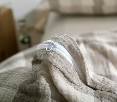 Image of VM VOUGEMARKET King Duvet Cover Set Beige Grey Plaid Bedding Set Soft Breathable 3 Layers Muslin Cotton Linen Like Gauze Comforter Cover with Zipper Closure-3 Pieces,104 inchx90 inch