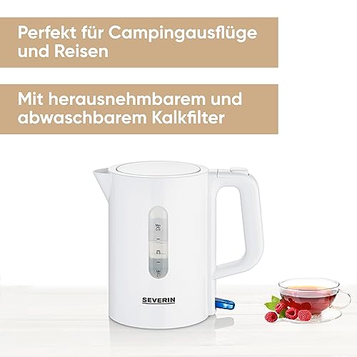 SEVERIN Reise-Wasserkocher-Set, Reisewasserkocher für 0,5 l mit umschaltbarer Spannung (115/230 V), elektrischer Wasserkocher mit 2 Kunststofftassen und 2 Löffeln, weiß, WK 3462 2