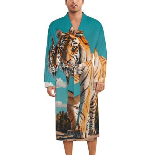 Walking Tiger Soft Robe Long Sleeve Bathrobes V Neck Sleepwear Spa Robes with Belt Men Woman