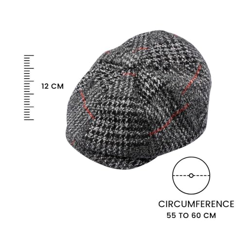 Image of The Tie Hub Baker's Boy Flat Cap, Premium Wool Warmth, Vintage Newsboy Style, Structured Rounded Crown, Grey & Black, 55-60 cm