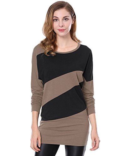 Allegra K Women Color Block Batwing Sleeves Tunic Top,X-Small, Light Coffee