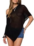 Acrawnni Ladies Sheer Poncho Irregular Knitted Crochet Lace Fish Net Batwing Wrap Summer Boho Beach Vacation Cover Up (A-black, ONE SIZE)