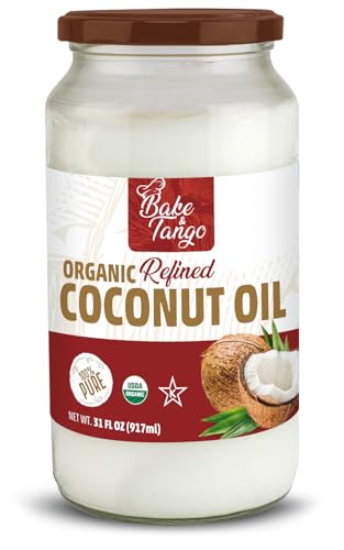 Bake & Tango Organic Coconut Oil - Cold-Processed & Refined Coconut Oil for Cooking & Baking, High Fat, Kosher, 31 fl oz Glass Jar