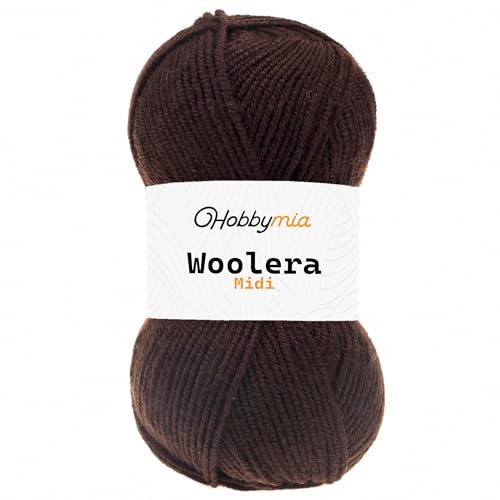 HobbyMia Woolera Midi Wool Blend Yarn – Worsted Weight Yarn for Crochet & Knitting – 100g – 75% Acrylic 25% Wool – Medium Aran Soft Yarn (Brown, 1 Skein)