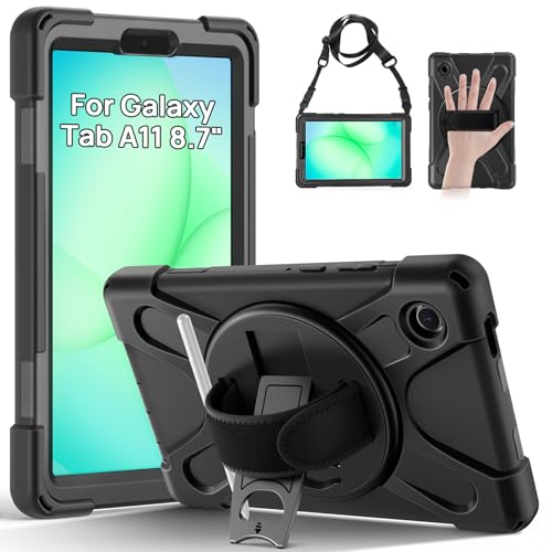 Gerutek Rugged Protective Case for Samsung Galaxy Tab A11 8.7-inch (2025) with 360-Degree Rotating Stand, Hand Strap and Adjustable Shoulder Strap – Black