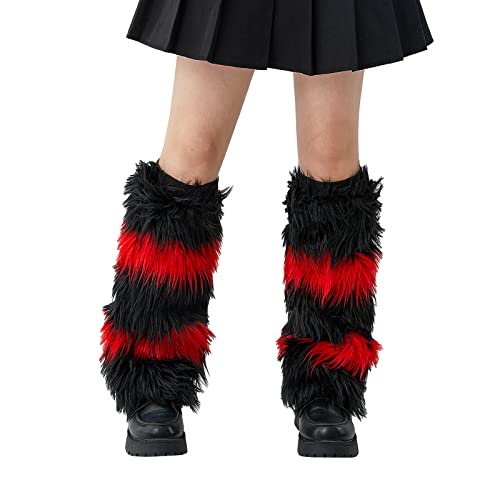 Michellecmm Womens Faux Fur Leg Warmer Winter Furry Fuzzy Long Boot Sleeves Shaggy Cuffs Cover (Black Red, One Size) #TOP11
