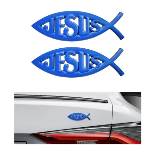 Image of DXNQ 2PCS Jesus Fish Decal Sticker, 3D Car Decal Jesus Christian Fish Symbol Chrome Emblem, Faith Fish Stickers Religious Metal Badge Auto Decor for Truck Motorcycle Fridge (Blue)